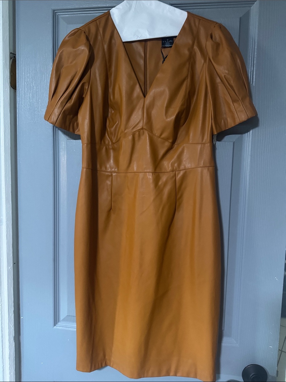 DKNY Cognac Faux Leather Puff-Sleeve V-Neck Dress